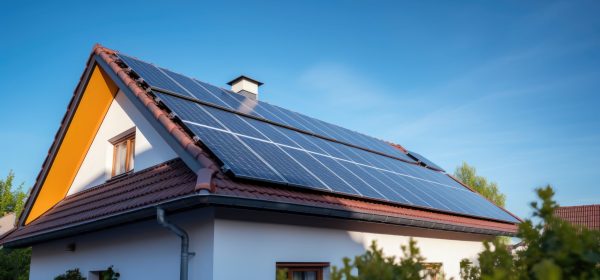 Solar photovoltaic panels on house roof. Solar cell against blue sky and sunlight. Modern eco friendly passive house.